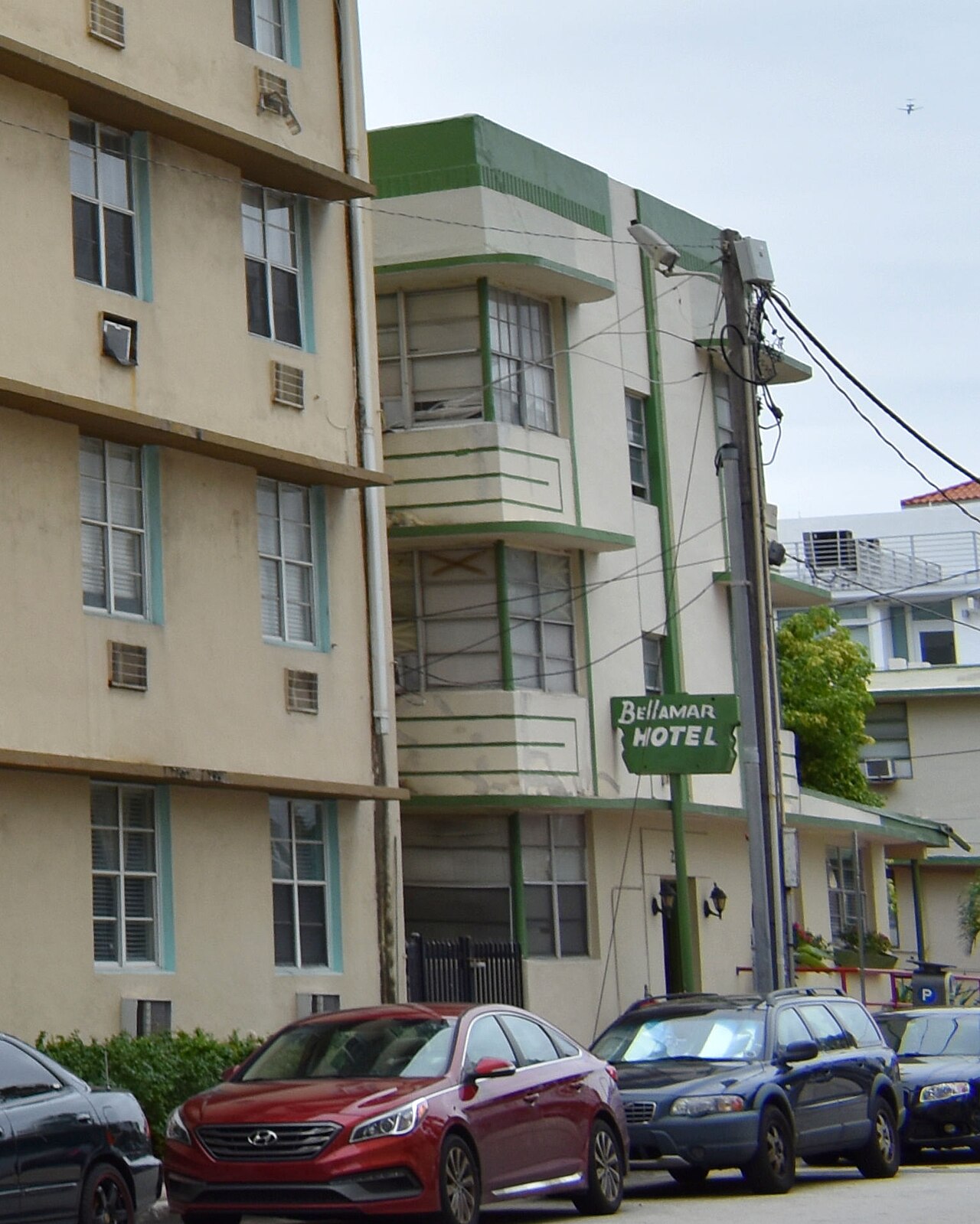Aerial view of Miami Design District showing modern architectural buildings and lush palm trees